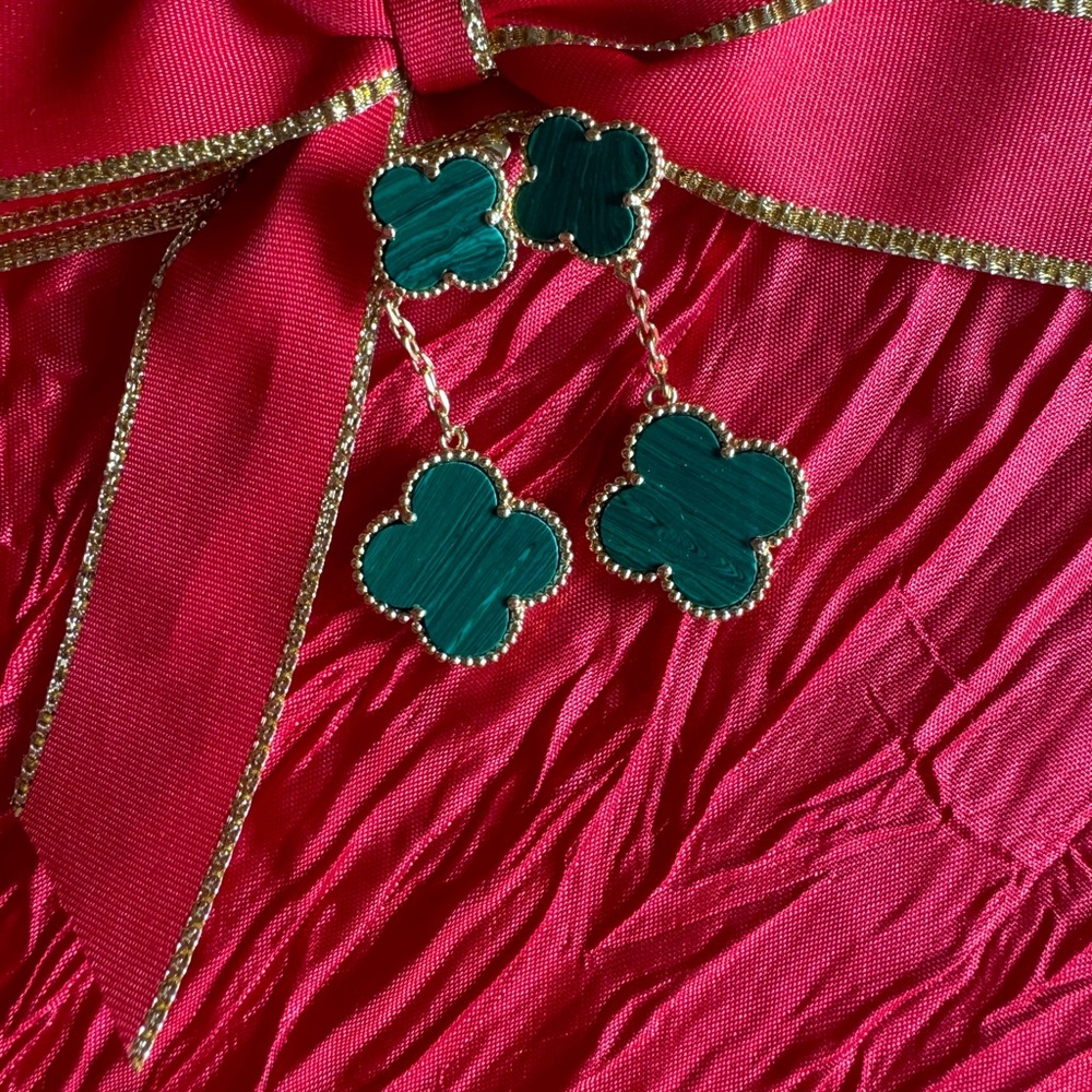 Clover Malachite Clover Stud Dangle Earrings 925 … - image 1